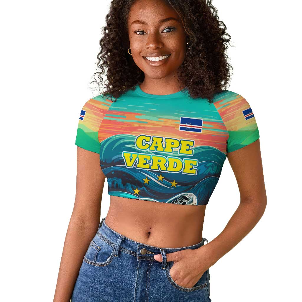 Cape Verde Raglan Cropped T shirt with Loggerhead Sea Turtle Ocean Sunset Spirit
