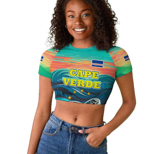 Cape Verde Raglan Cropped T shirt with Loggerhead Sea Turtle Ocean Sunset Spirit