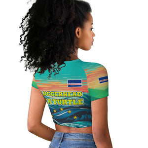 Cape Verde Raglan Cropped T shirt with Loggerhead Sea Turtle Ocean Sunset Spirit