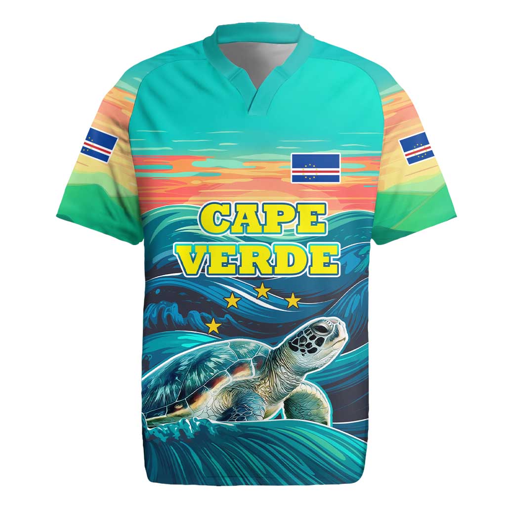 Cape Verde Rugby Jersey with Loggerhead Sea Turtle Ocean Sunset Spirit ...