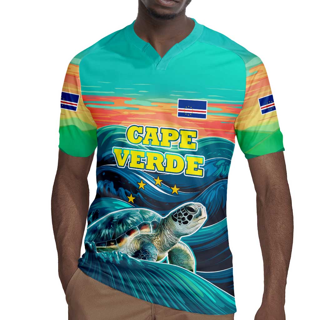 Cape Verde Rugby Jersey with Loggerhead Sea Turtle Ocean Sunset Spirit