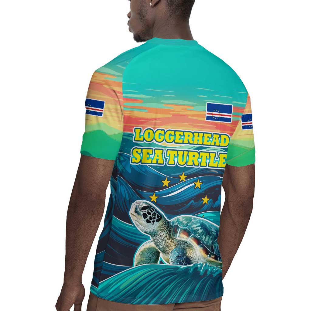 Cape Verde Rugby Jersey with Loggerhead Sea Turtle Ocean Sunset Spirit