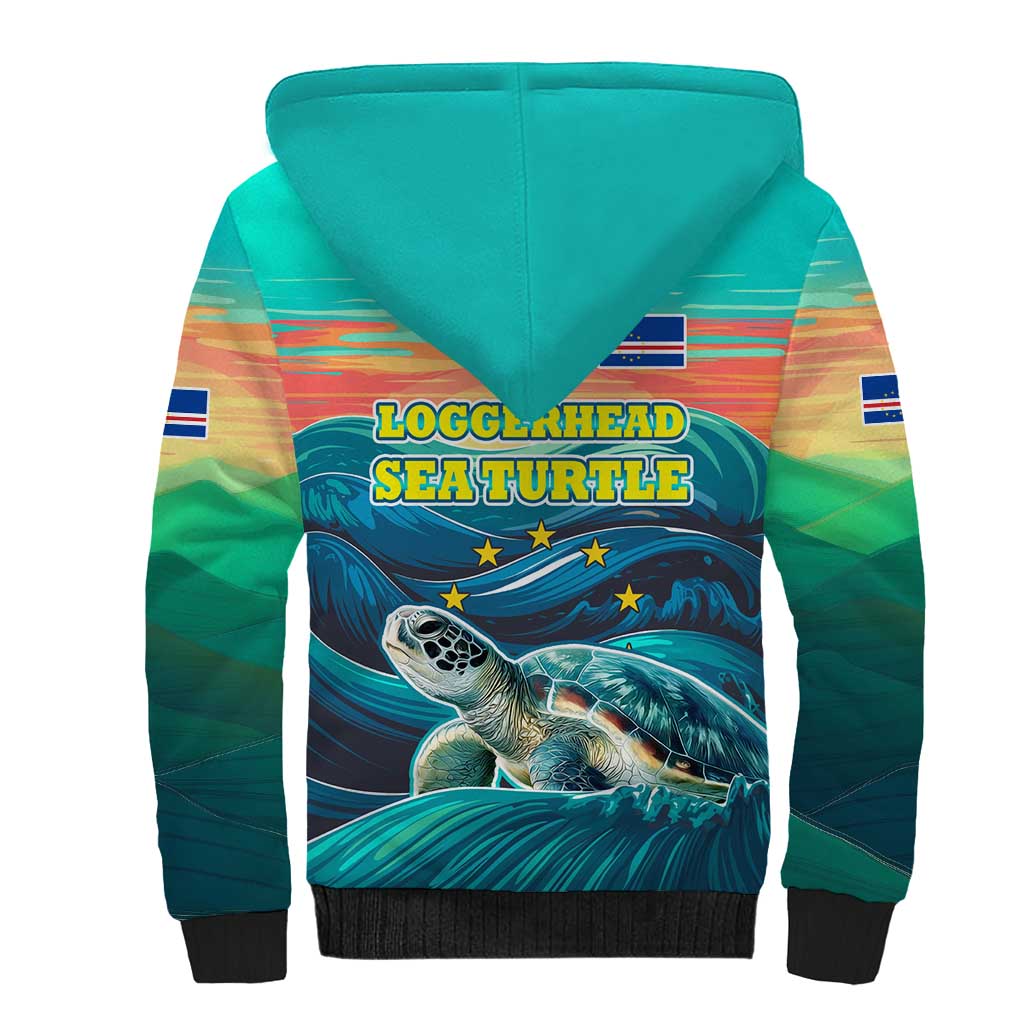 Cape Verde Sherpa Hoodie with Loggerhead Sea Turtle Ocean Sunset Spirit
