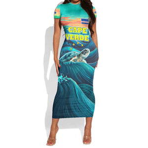 Cape Verde Short Sleeve Bodycon Dress with Loggerhead Sea Turtle Ocean Sunset Spirit