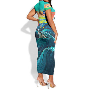 Cape Verde Short Sleeve Bodycon Dress with Loggerhead Sea Turtle Ocean Sunset Spirit