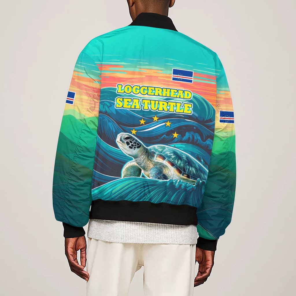 Cape Verde Sleeve Zip Bomber Jacket with Loggerhead Sea Turtle Ocean Sunset Spirit