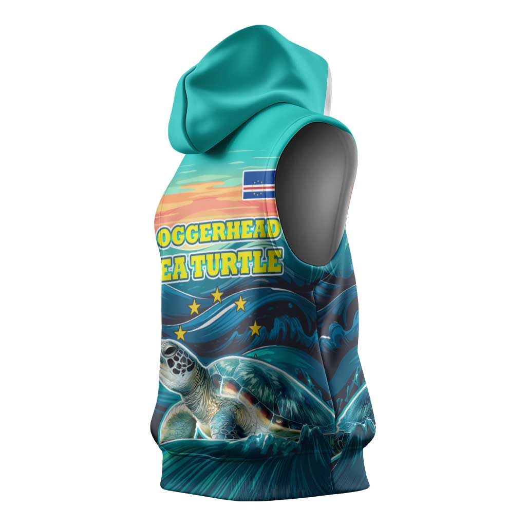 Cape Verde Sleeveless Hoodie with Loggerhead Sea Turtle Ocean Sunset Spirit - African Pride