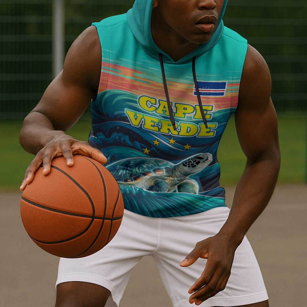Cape Verde Sleeveless Hoodie with Loggerhead Sea Turtle Ocean Sunset Spirit - African Pride
