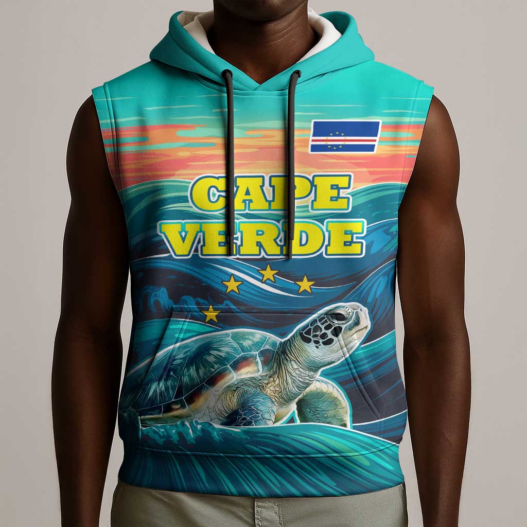 Cape Verde Sleeveless Hoodie with Loggerhead Sea Turtle Ocean Sunset Spirit - African Pride