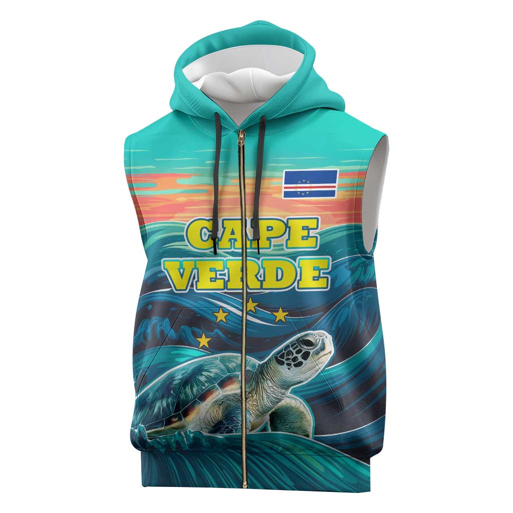 Cape Verde Sleeveless Zip Hoodie with Loggerhead Sea Turtle Ocean Sunset Spirit - African Pride