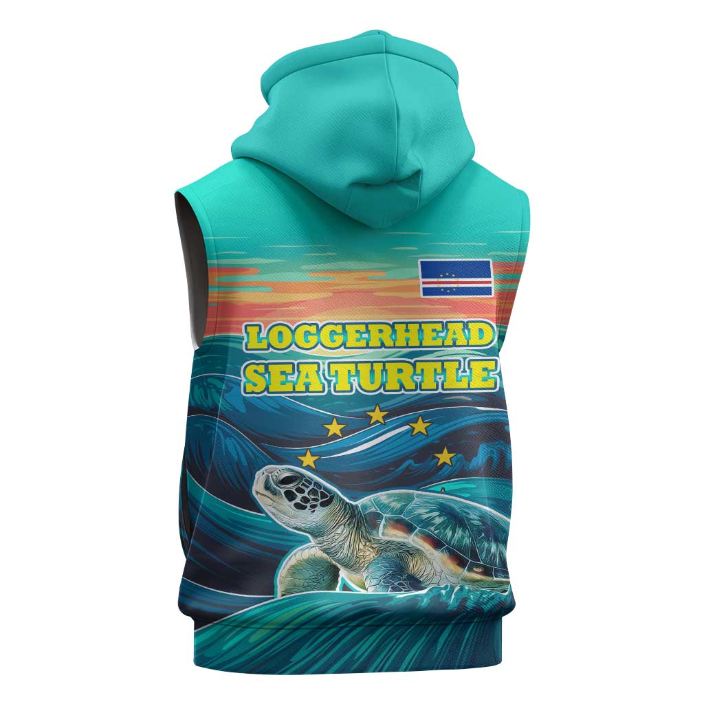 Cape Verde Sleeveless Zip Hoodie with Loggerhead Sea Turtle Ocean Sunset Spirit - African Pride