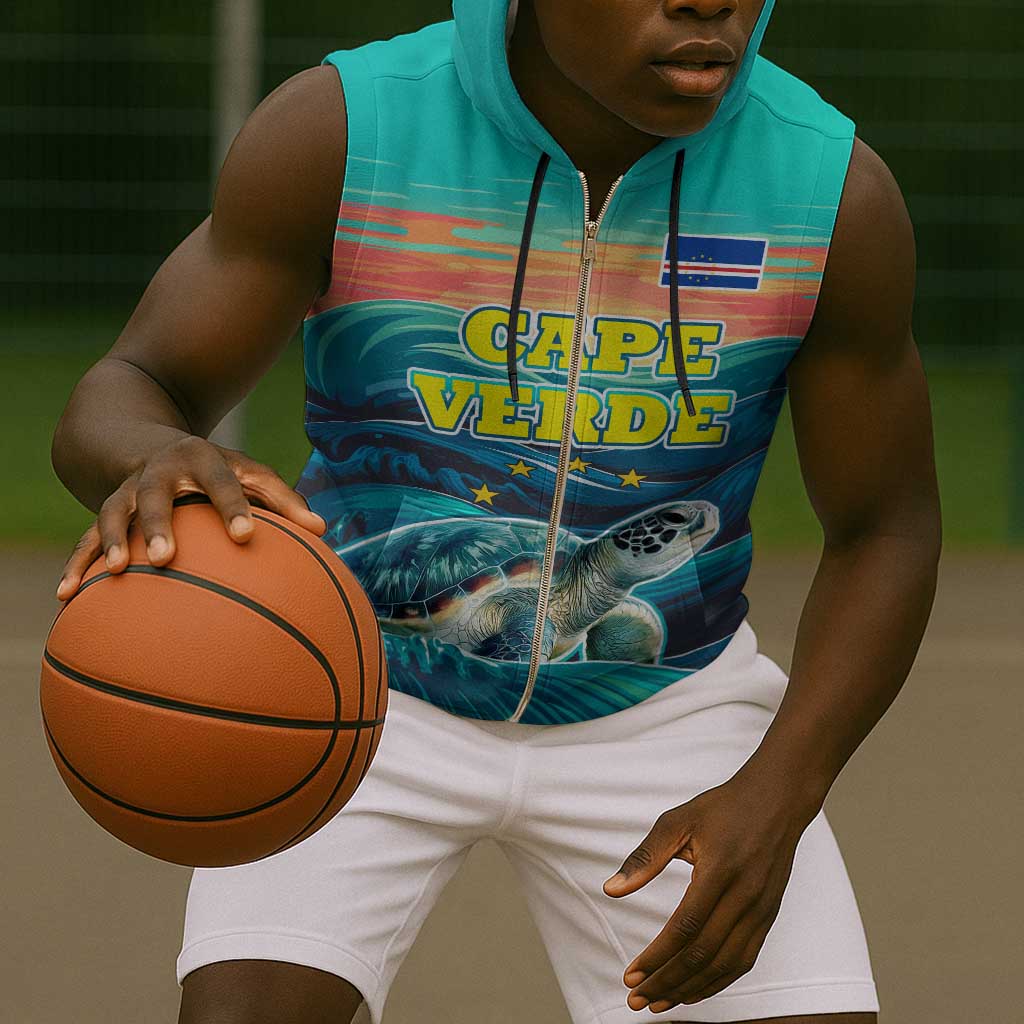 Cape Verde Sleeveless Zip Hoodie with Loggerhead Sea Turtle Ocean Sunset Spirit - African Pride