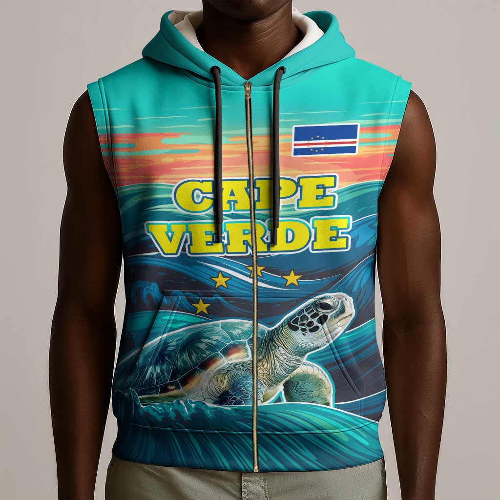 Cape Verde Sleeveless Zip Hoodie with Loggerhead Sea Turtle Ocean Sunset Spirit - African Pride