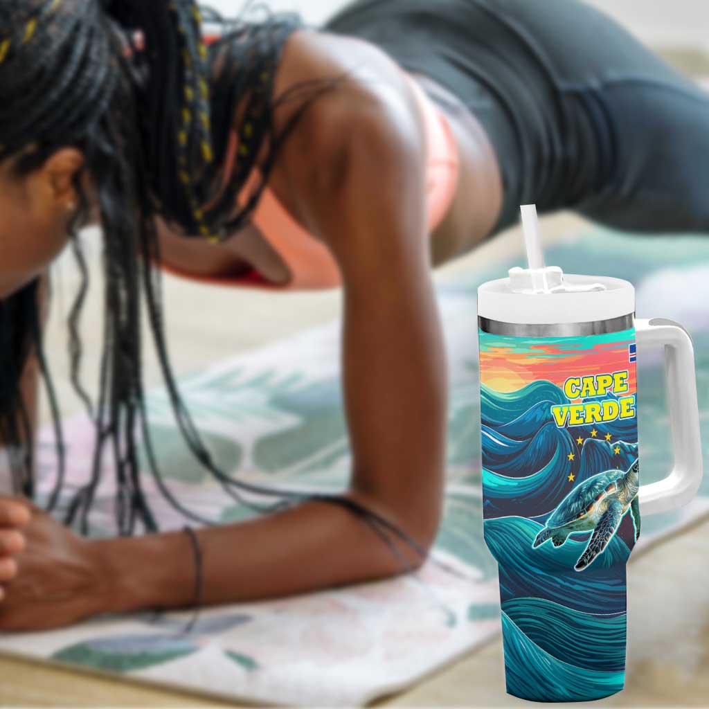 Cape Verde Tumbler With Handle with Loggerhead Sea Turtle Ocean Sunset Spirit