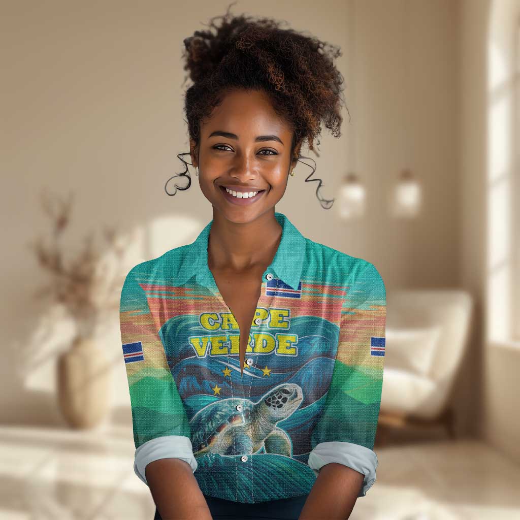 Cape Verde Women Casual Shirt with Loggerhead Sea Turtle Ocean Sunset Spirit