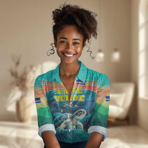 Cape Verde Women Casual Shirt with Loggerhead Sea Turtle Ocean Sunset Spirit
