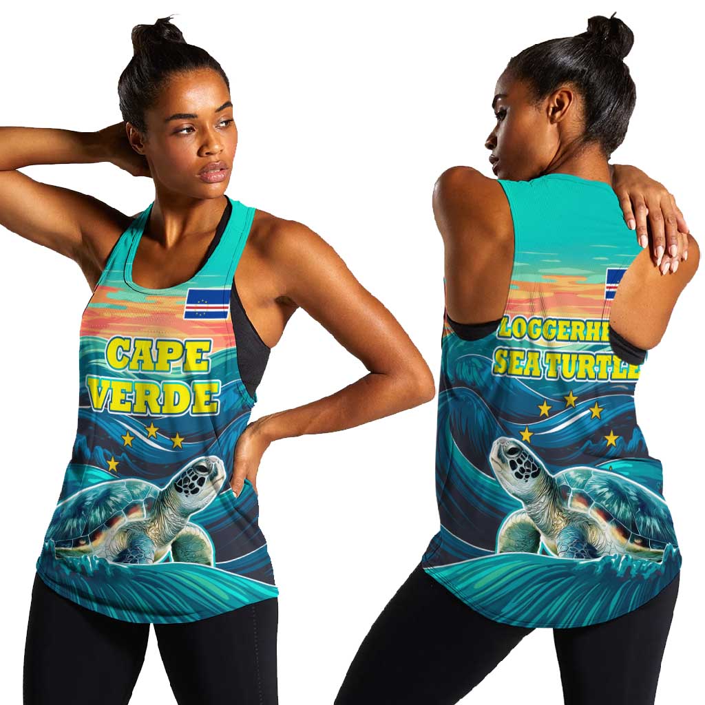 Cape Verde Women Racerback Tank with Loggerhead Sea Turtle Ocean Sunset Spirit