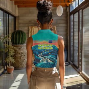 Cape Verde Women Sleeveless Polo Shirt with Loggerhead Sea Turtle Ocean Sunset Spirit