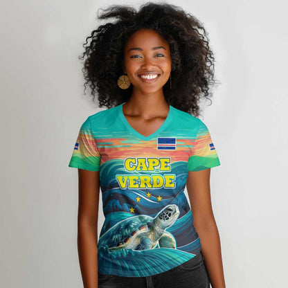 Cape Verde Women V-Neck T-Shirt with Loggerhead Sea Turtle Ocean Sunset Spirit