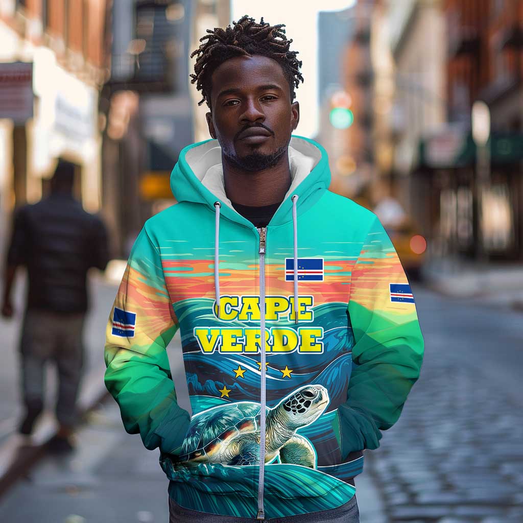 Cape Verde Zip Hoodie with Loggerhead Sea Turtle Ocean Sunset Spirit