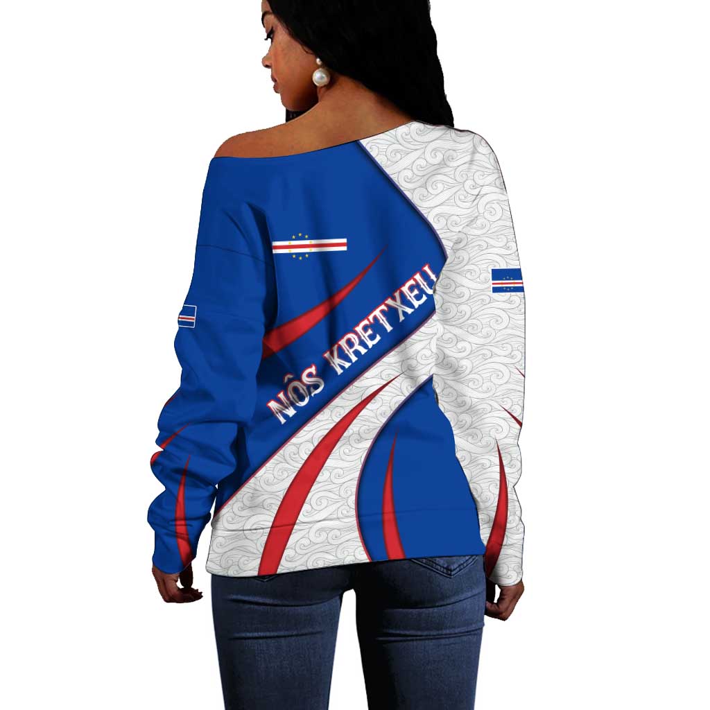 Cape Verde Off Shoulder Sweater with Blue Red Flag Nós Kretxeu Spirit