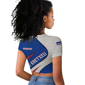 Cape Verde Raglan Cropped T shirt with Blue Red Flag Nós Kretxeu Spirit
