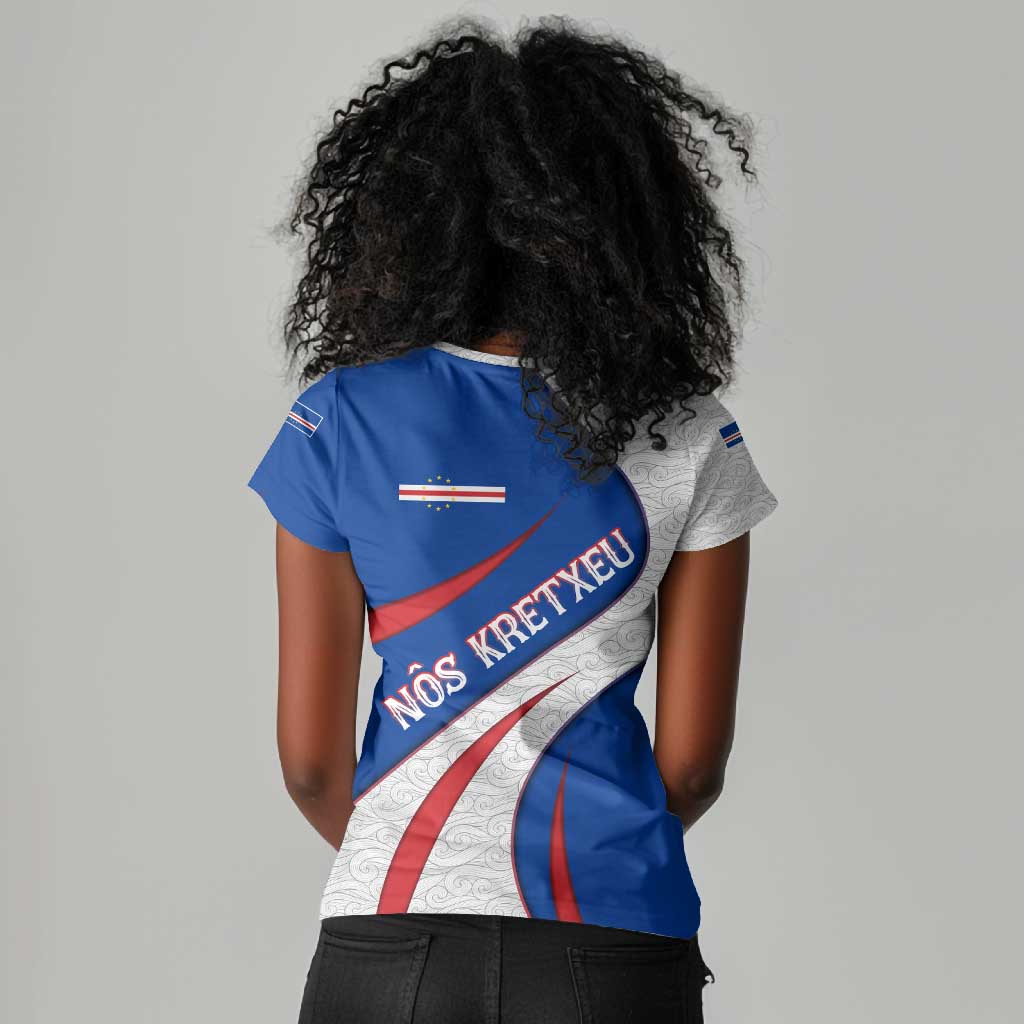 Cape Verde Women V-Neck T-Shirt with Blue Red Flag Nós Kretxeu Spirit