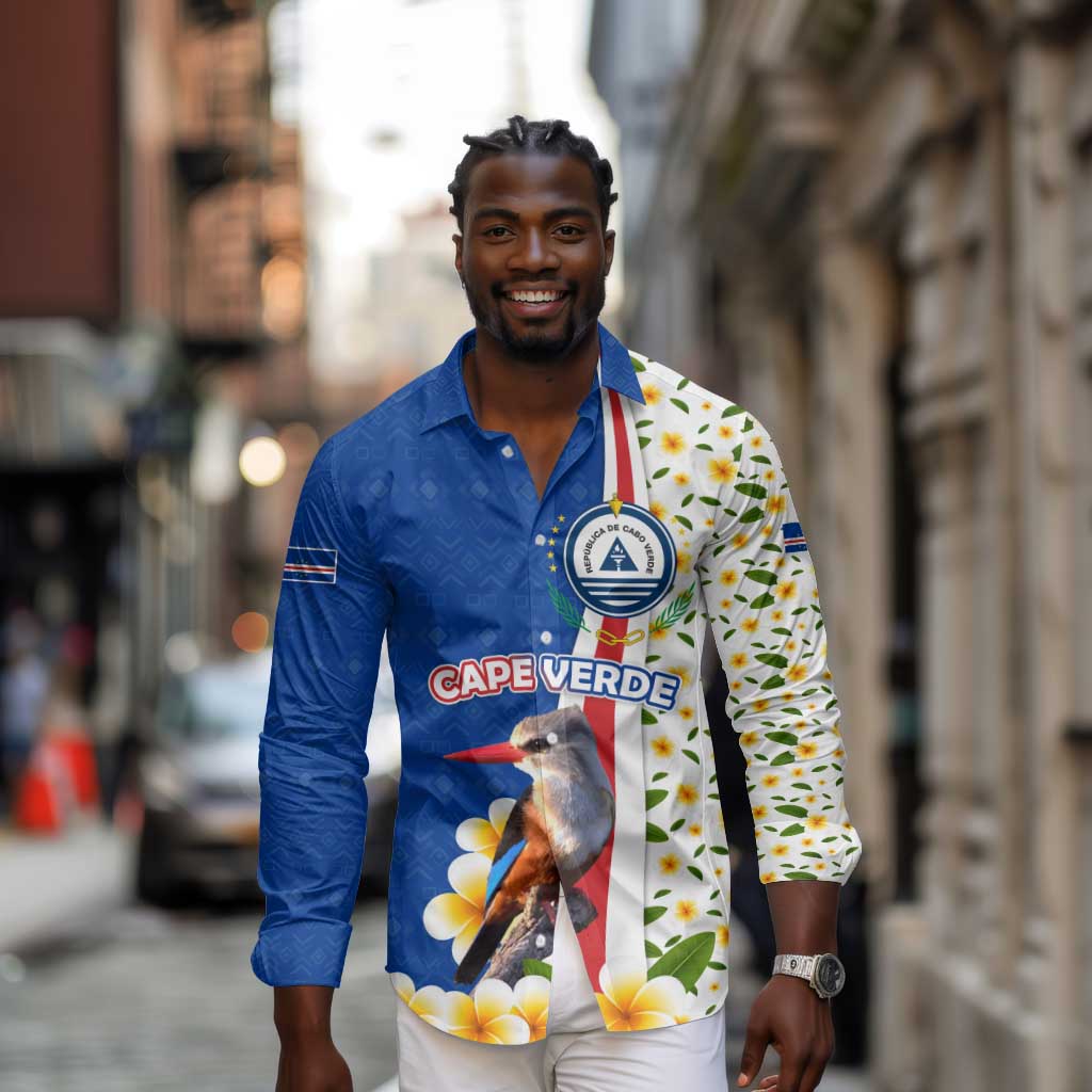 Cape Verde Long Sleeve Button Shirt Kingfisher Bird Floral Flag Spirit - African Pride