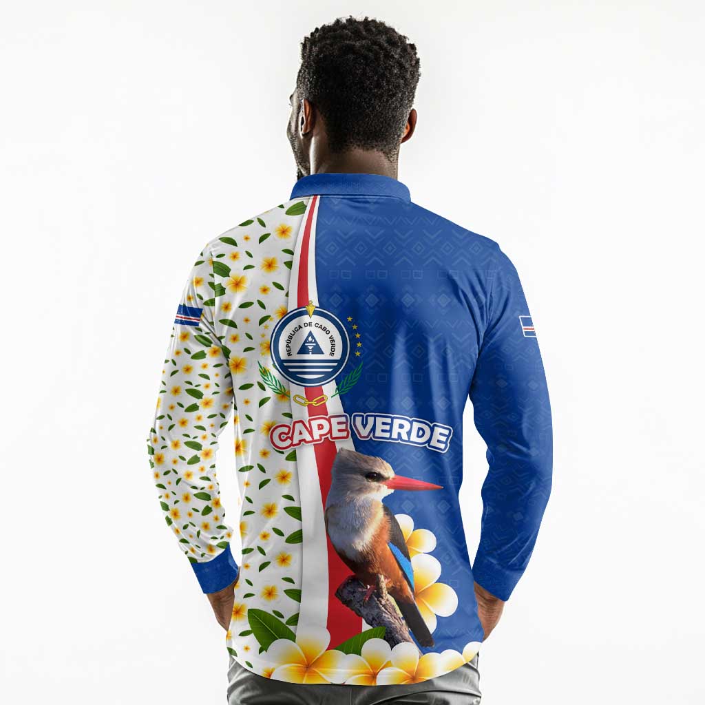 Cape Verde Long Sleeve Polo Shirt Kingfisher Bird Floral Flag Spirit - African Pride