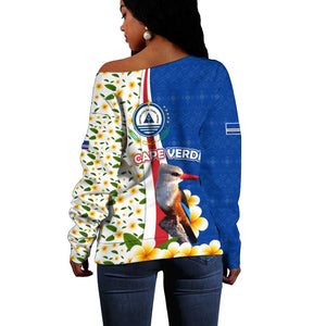 Cape Verde Off Shoulder Sweater Kingfisher Bird Floral Flag Spirit - African Pride