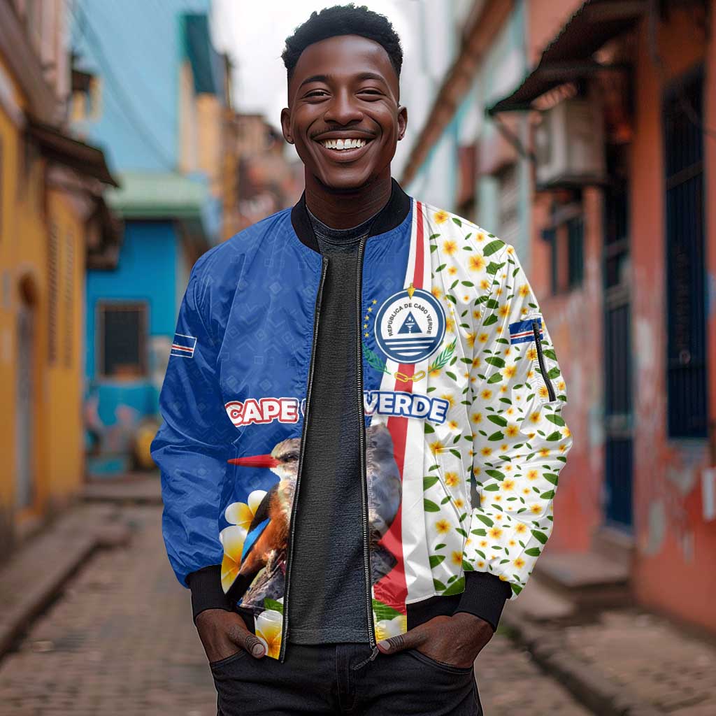 Cape Verde Sleeve Zip Bomber Jacket Kingfisher Bird Floral Flag Spirit - African Pride