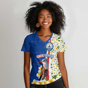 Cape Verde Women V-Neck T-Shirt Kingfisher Bird Floral Flag Spirit - African Pride