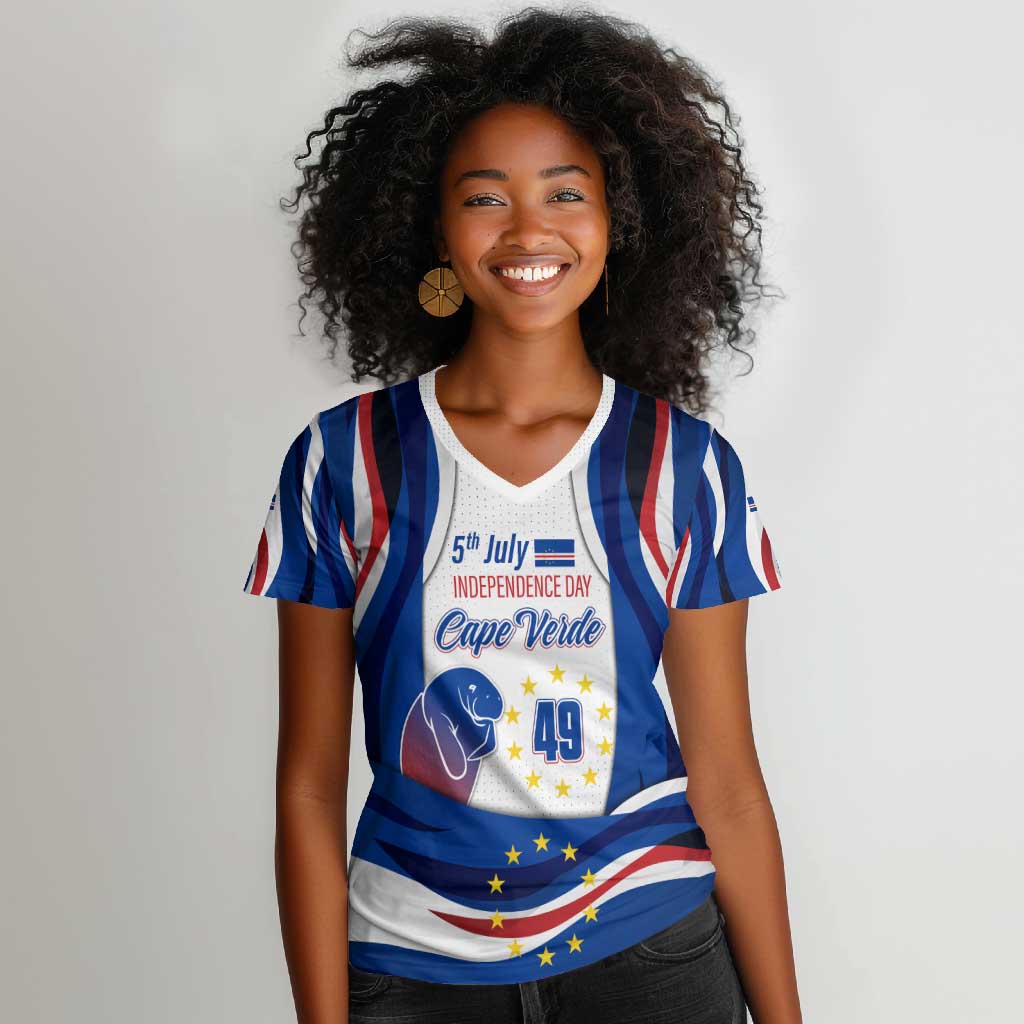 Cape Verde Women V-Neck T-Shirt with Independence Day 5th July Flag Celebration Spirit