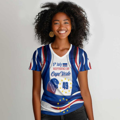 Cape Verde Women V-Neck T-Shirt with Independence Day 5th July Flag Celebration Spirit