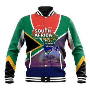 South Africa Heritage Day Baseball Jacket Celebrating Roots Flag Map Sunset Savanna