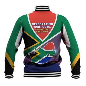 South Africa Heritage Day Baseball Jacket Celebrating Roots Flag Map Sunset Savanna