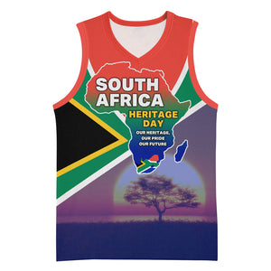 South Africa Heritage Day Basketball Jersey Celebrating Roots Flag Map Sunset Savanna