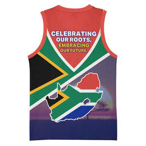 South Africa Heritage Day Basketball Jersey Celebrating Roots Flag Map Sunset Savanna