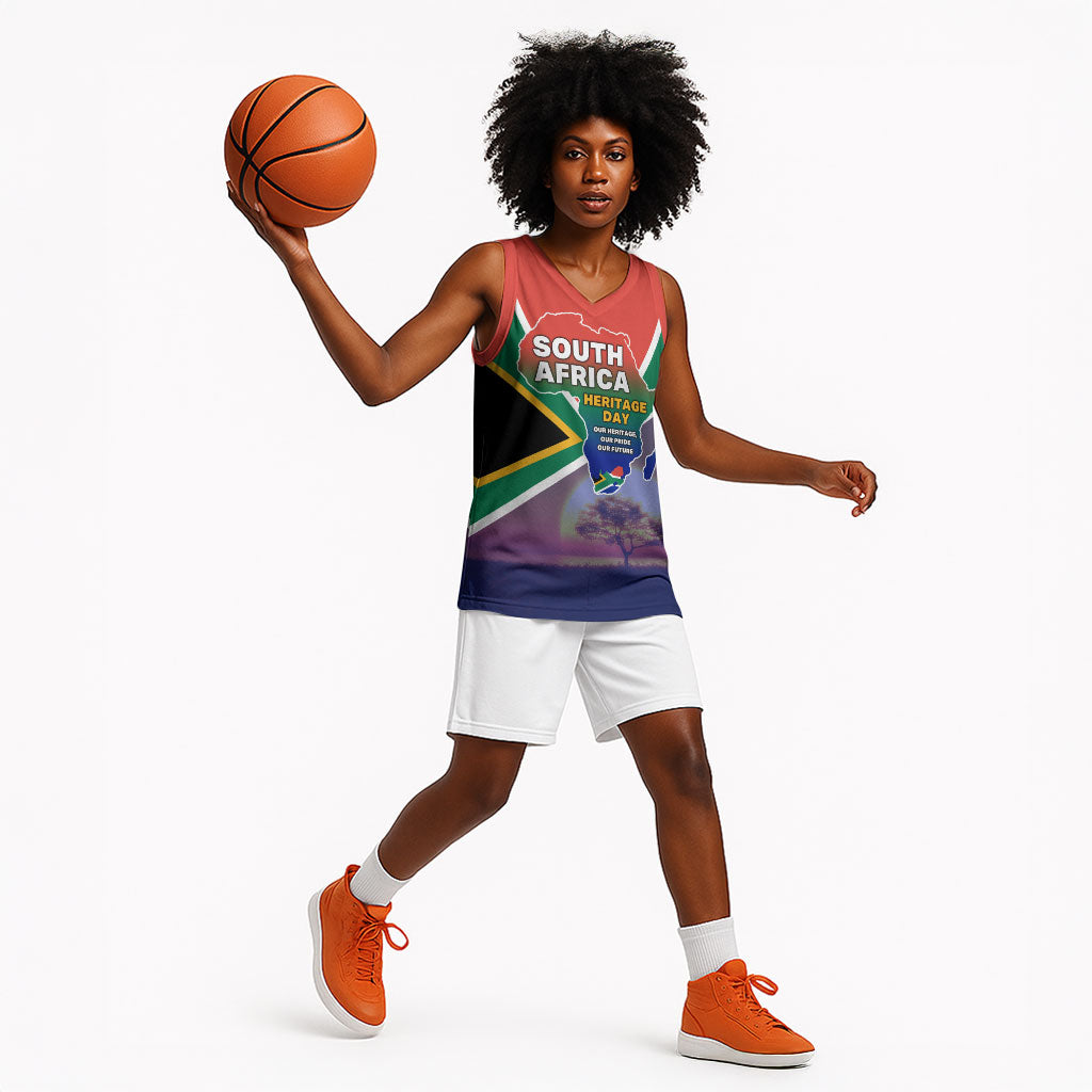 South Africa Heritage Day Basketball Jersey Celebrating Roots Flag Map Sunset Savanna