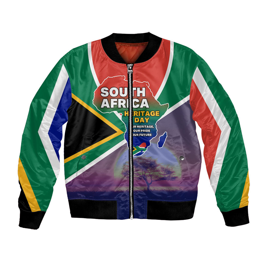 South Africa Heritage Day Bomber Jacket Celebrating Roots Flag Map Sunset Savanna