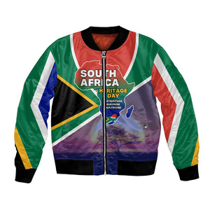 South Africa Heritage Day Bomber Jacket Celebrating Roots Flag Map Sunset Savanna