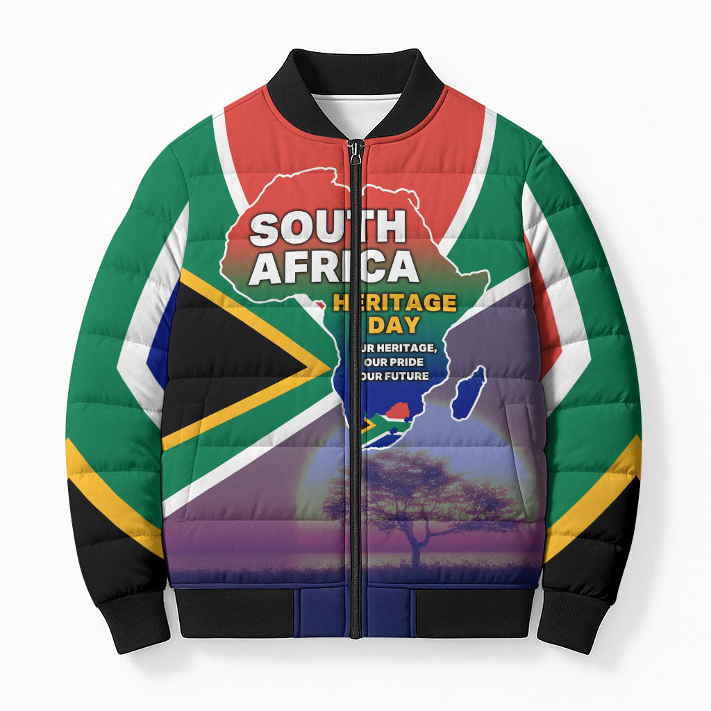 South Africa Heritage Day Bomber Puffer Jacket Celebrating Roots Flag Map Sunset Savanna