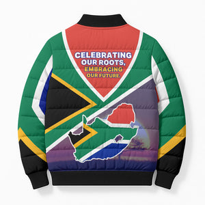 South Africa Heritage Day Bomber Puffer Jacket Celebrating Roots Flag Map Sunset Savanna