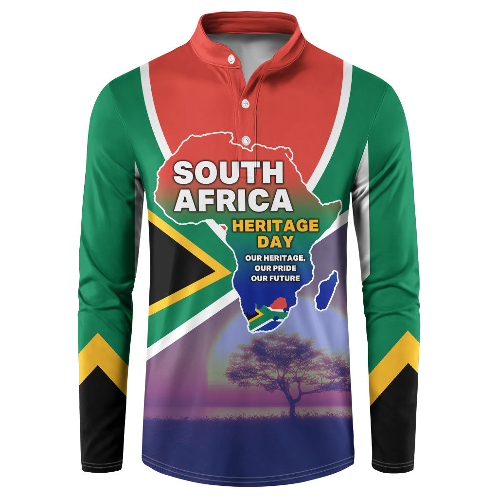 South Africa Heritage Day Button Sweatshirt Celebrating Roots Flag Map Sunset Savanna