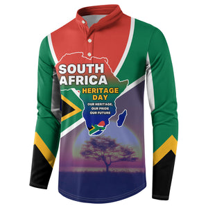 South Africa Heritage Day Button Sweatshirt Celebrating Roots Flag Map Sunset Savanna