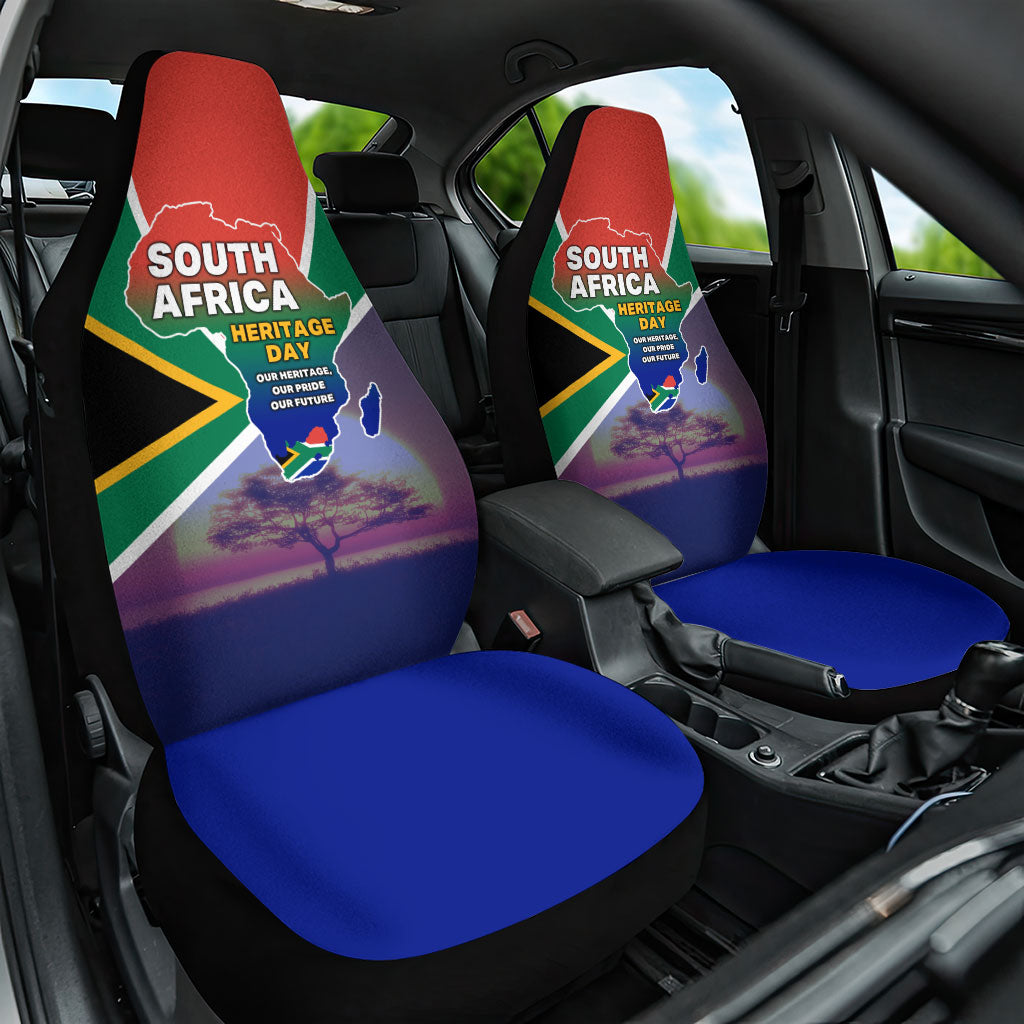 South Africa Heritage Day Car Seat Cover Celebrating Roots Flag Map Sunset Savanna