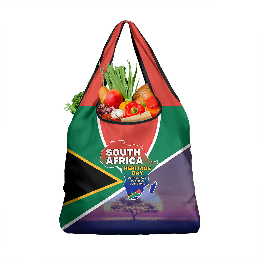 South Africa Heritage Day Grocery Bag Celebrating Roots Flag Map Sunset Savanna