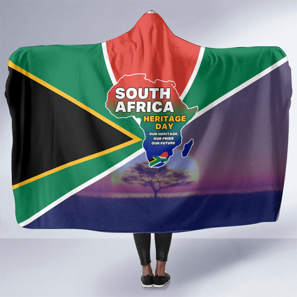 South Africa Heritage Day Hooded Blanket Celebrating Roots Flag Map Sunset Savanna