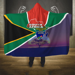 South Africa Heritage Day Hooded Blanket Celebrating Roots Flag Map Sunset Savanna