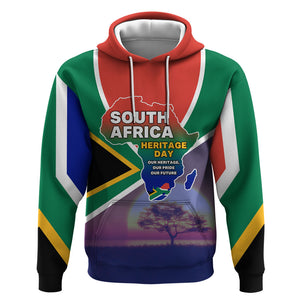 South Africa Heritage Day Hoodie Celebrating Roots Flag Map Sunset Savanna